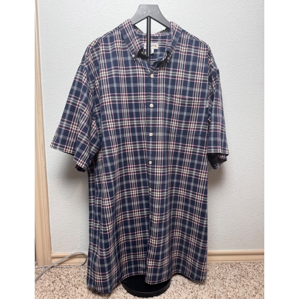 Carhartt Mens 2XL Tall Navy Plaid Short Sleeve Button Down Shirt S277 NVY Cotton